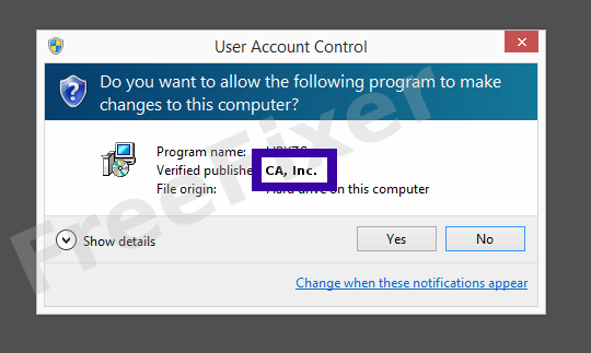 Screenshot where CA, Inc. appears as the verified publisher in the UAC dialog